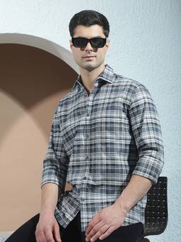 CRIMSOUNE CLUB - Men's Navy Blue Pure Cotton Regular Checked Shirt