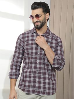 CRIMSOUNE CLUB - Men's Wine Pure Cotton Checked Shirt