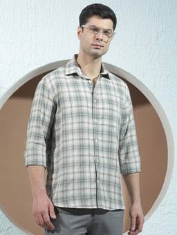 CRIMSOUNE CLUB - Men's Forest Green Linen Checked Shirt