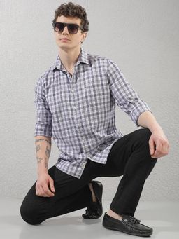 CRIMSOUNE CLUB - Men's Purple Pure Cotton Checked Shirt