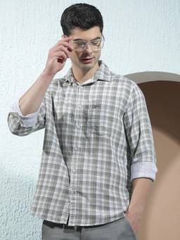 CRIMSOUNE CLUB - Olive Men's Pure Cotton Checked Shirt