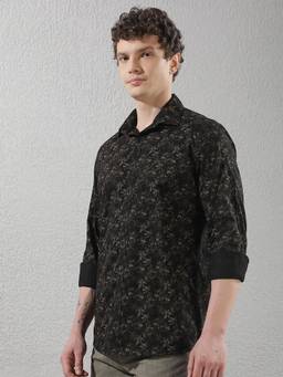 CRIMSOUNE CLUB - Men's Black Floral Printed Shirt