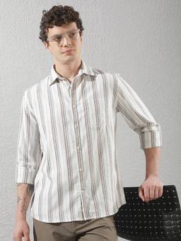 CRIMSOUNE CLUB - Men's Verical Stripes White Pure Cotton Shirt
