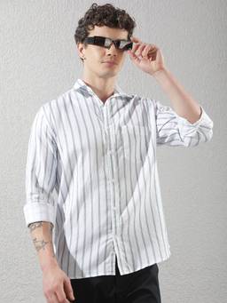 CRIMSOUNE CLUB - Men's White Pure Cotton Verical Stripes Shirt