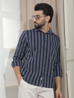 CRIMSOUNE CLUB - Men's Navy Blue Pure Cotton Verical Stripes Shirt