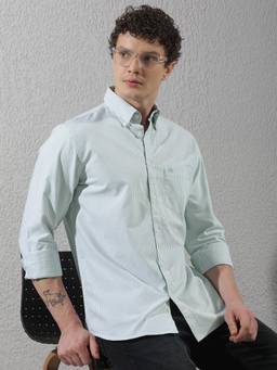 CRIMSOUNE CLUB - Men's Green Pure Cotton Verical Stripes Shirt