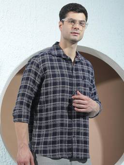 CRIMSOUNE CLUB - Men's Navy Blue Checked Shirt