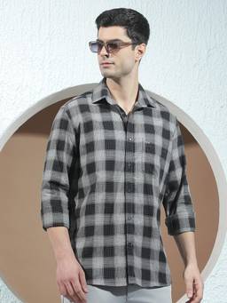 CRIMSOUNE CLUB - Men's Navy Blue Pure Cotton Checked Shirt