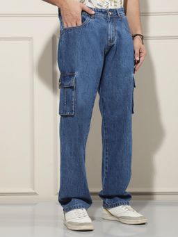 CRIMSOUNE CLUB - Refined Men's Navy Blue Pure Cotton Cargo Jeans