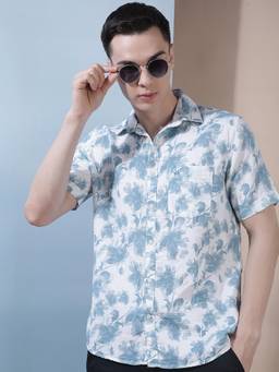 CRIMSOUNE CLUB - Men's Green Pure Cotton Floral Printed Shirt
