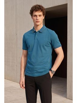 Peter England - Teal Men Solid Polo Neck Polo T-Shirt