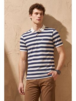Peter England - Men White Stripe Polo Neck Polo T-Shirt
