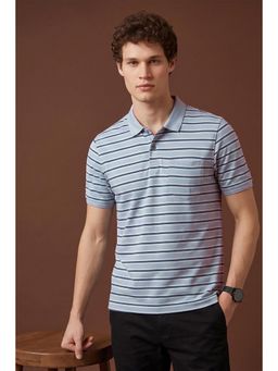 Peter England - Men Blue Stripe Polo Neck Polo T-Shirt