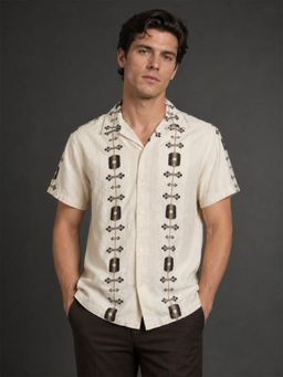 Odette - Men Cream Cotton Blend Printed Shirt