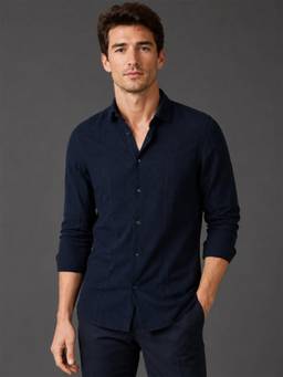 Odette - Men Navy Blue Cotton Blend Plain Shirt