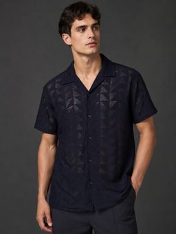 Odette - Men Navy Blue Polyester Blend Plain Shirt