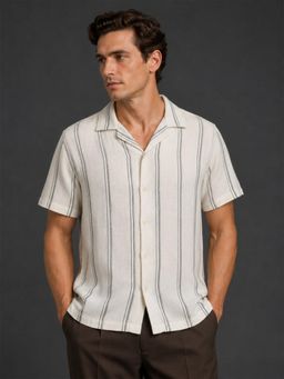 Odette - Men Off White Cotton Blend Striped Shirt