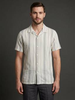 Odette - Men Cream Cotton Blend Striped Shirt