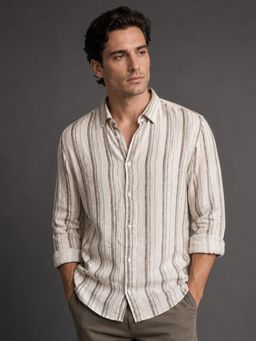 Odette - Men Off White Viscose Striped Shirt