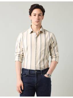 AD By Arvind - Beige Vertical Striped Modern Fit Shirt