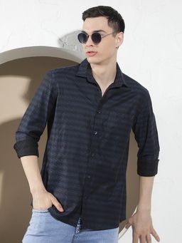 CRIMSOUNE CLUB - Men's Navy Blue Printed Pure Cotton Shirt