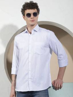 CRIMSOUNE CLUB - Men's Blue Vertical Striped Pure Cotton Shirt