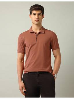 AD By Arvind - Brown Solid Slim Fit Polo T-Shirt