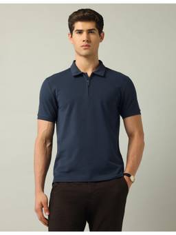 AD By Arvind - Navy Blue Solid Slim Fit Polo T-Shirt