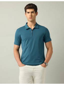 AD By Arvind - Teal Solid Slim Fit Polo T-Shirt