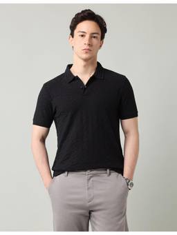 AD By Arvind - Black Textured Regular Fit Polo T-Shirt