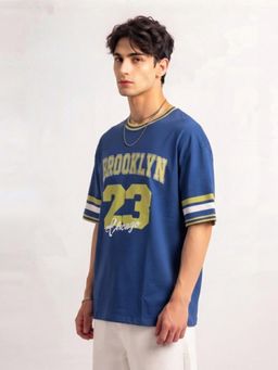 IZF - Men Blue Typography Printed Oversized T-Shirt