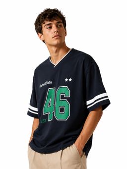 IZF - Men Navy Typography Printed Oversized T-Shirt