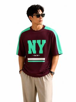 IZF - Men Maroon Typography Printed Oversized T-Shirt