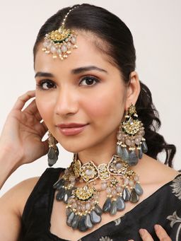Khushi Jewels - Grey Beads Pearls Kundan Jewellery Set