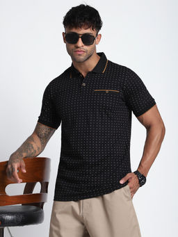 R&B - Men Black Printed Regular Polo T-Shirt