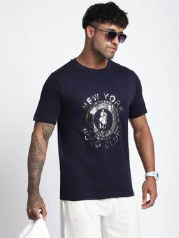 R&B - Men Navy Blue Graphic Print Regular T-Shirt