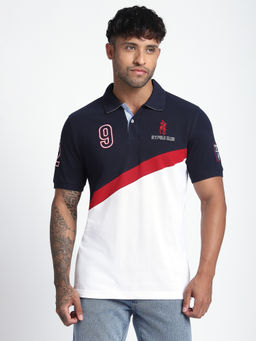 R&B - Men Navy Blue Colorblock Regular Polo T-Shirt