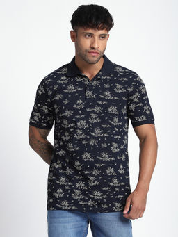 R&B - Men Navy Blue Tropical Print Regular Polo T-Shirt