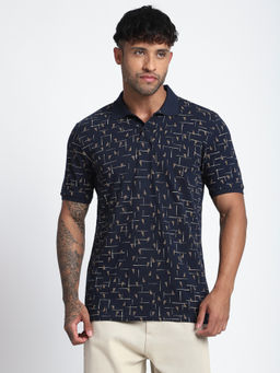 R&B - Men Navy Blue Print Regular Polo T-Shirt