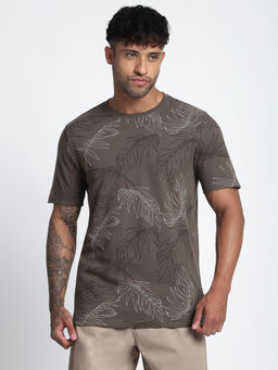 R&B - Men Grey Tropical Print Regular T-Shirt