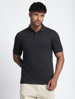 R&B - Men Charcoal Solid Regular Polo T-Shirt