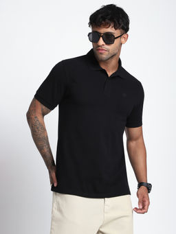 R&B - Men Black Solid Regular Polo T-Shirt
