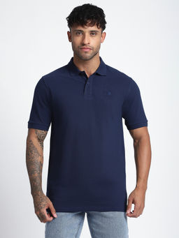 R&B - Men Navy Blue Solid Regular Polo T-Shirt