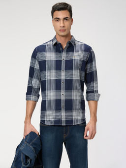 Pepe Jeans - Men Navy Blue Checked Long Sleeves Shirt