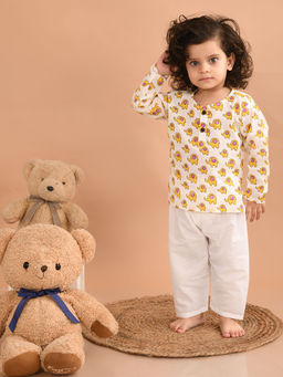 Lil Pitaara - White Pure Cotton Unisex Elephant Print Kurta with Pant (Set of 2)