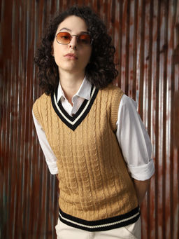 High Star - Beige Regular V Neck Sleeveless Sweater