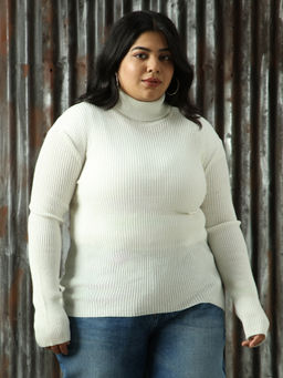 High Star - White Knitted Regular Fit Acrylic Turtle Neck Sweater