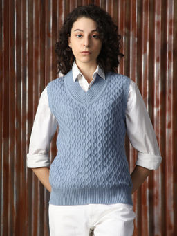 High Star - Blue Knitted Regular Fit V Neck Sleeveless Sweater