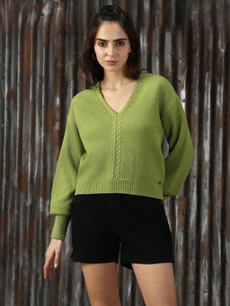 High Star - Green Self Design Relaxed Fit Acrylic V Neck Sweater