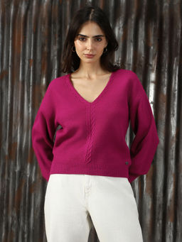 High Star - Pink Self Design Relaxed Fit Acrylic V Neck Sweater